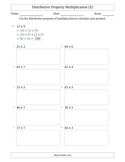The Multiply 2-Digit by 1-Digit Numbers Using the Distributive Property (E) Math Worksheet