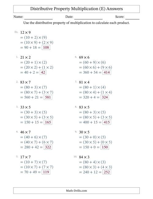 The Multiply 2-Digit by 1-Digit Numbers Using the Distributive Property (E) Math Worksheet Page 2
