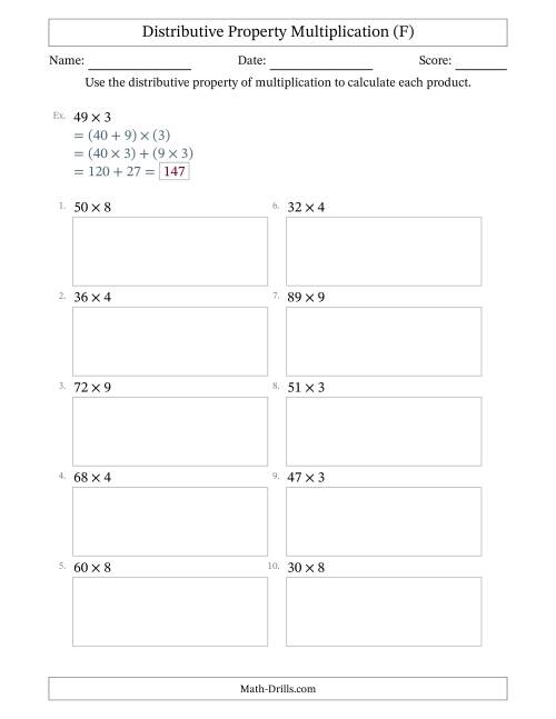 The Multiply 2-Digit by 1-Digit Numbers Using the Distributive Property (F) Math Worksheet