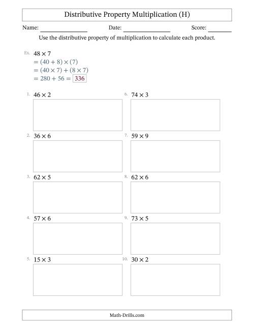 The Multiply 2-Digit by 1-Digit Numbers Using the Distributive Property (H) Math Worksheet