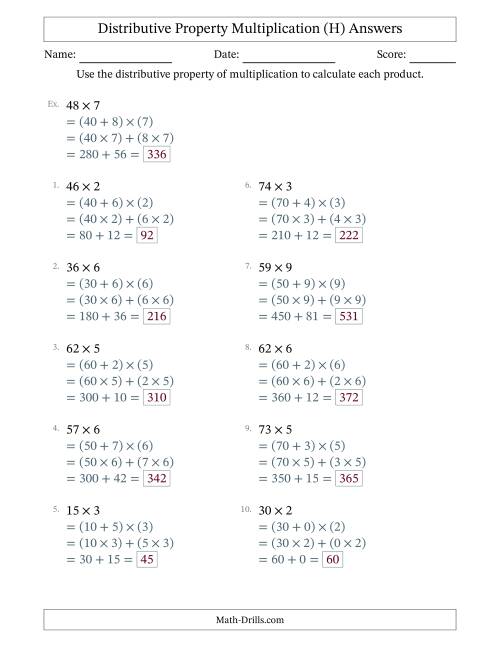 The Multiply 2-Digit by 1-Digit Numbers Using the Distributive Property (H) Math Worksheet Page 2