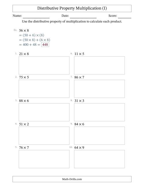 The Multiply 2-Digit by 1-Digit Numbers Using the Distributive Property (I) Math Worksheet