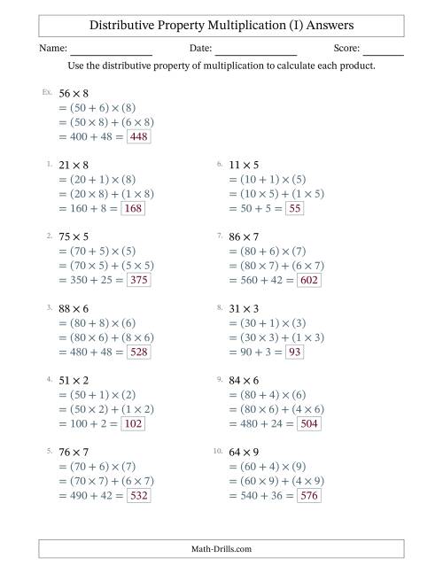 The Multiply 2-Digit by 1-Digit Numbers Using the Distributive Property (I) Math Worksheet Page 2