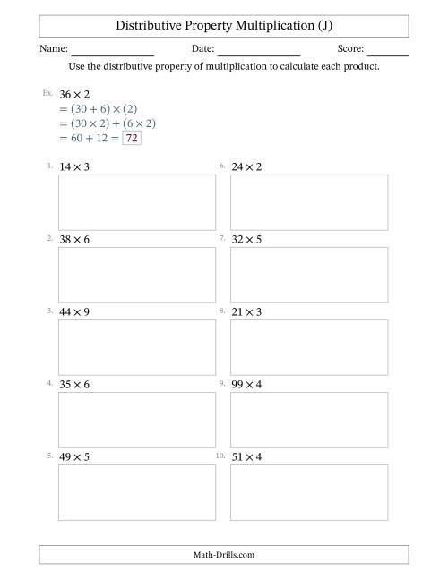 The Multiply 2-Digit by 1-Digit Numbers Using the Distributive Property (J) Math Worksheet