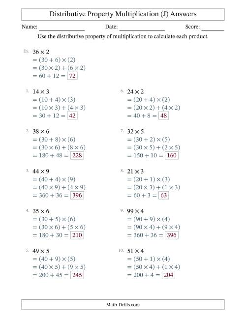 The Multiply 2-Digit by 1-Digit Numbers Using the Distributive Property (J) Math Worksheet Page 2