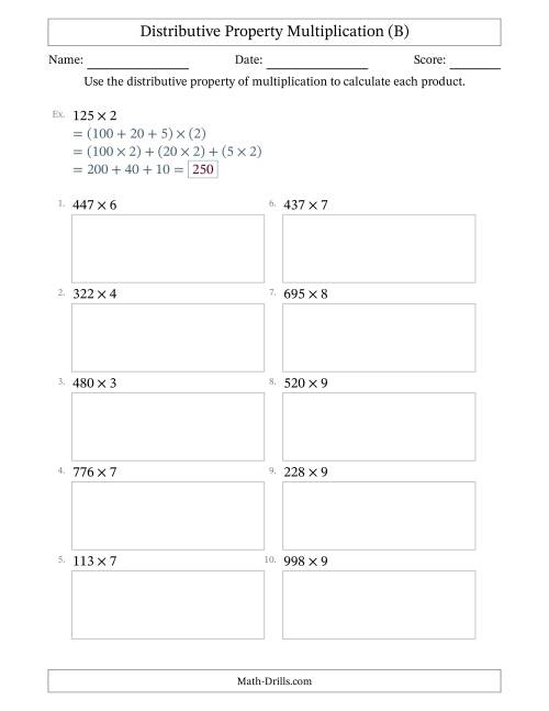 The Multiply 3-Digit by 1-Digit Numbers Using the Distributive Property (B) Math Worksheet