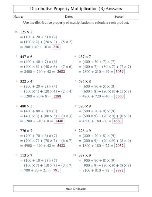 The Multiply 3-Digit by 1-Digit Numbers Using the Distributive Property (B) Math Worksheet Page 2