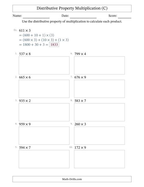 The Multiply 3-Digit by 1-Digit Numbers Using the Distributive Property (C) Math Worksheet