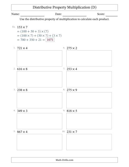 The Multiply 3-Digit by 1-Digit Numbers Using the Distributive Property (D) Math Worksheet