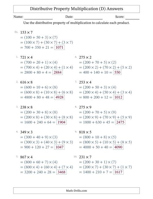 The Multiply 3-Digit by 1-Digit Numbers Using the Distributive Property (D) Math Worksheet Page 2