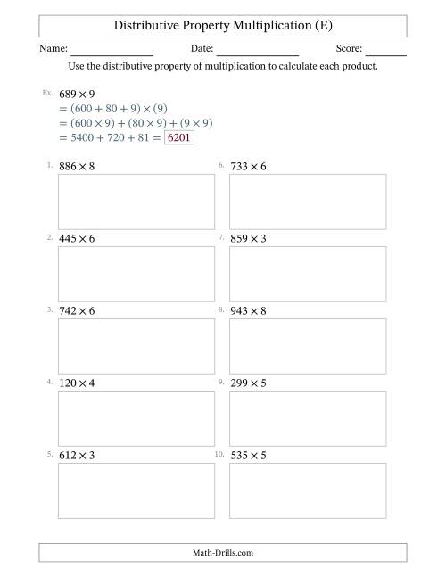 The Multiply 3-Digit by 1-Digit Numbers Using the Distributive Property (E) Math Worksheet