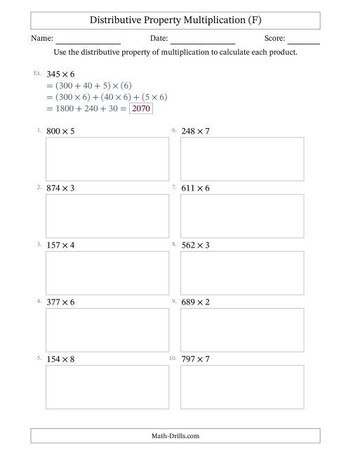 The Multiply 3-Digit by 1-Digit Numbers Using the Distributive Property (F) Math Worksheet