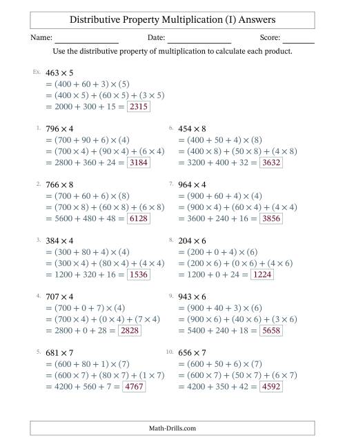 The Multiply 3-Digit by 1-Digit Numbers Using the Distributive Property (I) Math Worksheet Page 2