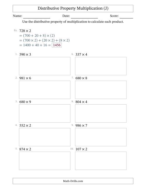 The Multiply 3-Digit by 1-Digit Numbers Using the Distributive Property (J) Math Worksheet
