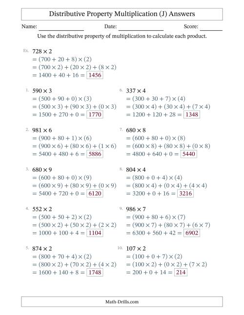 The Multiply 3-Digit by 1-Digit Numbers Using the Distributive Property (J) Math Worksheet Page 2