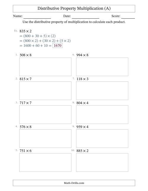The Multiply 3-Digit by 1-Digit Numbers Using the Distributive Property (All) Math Worksheet