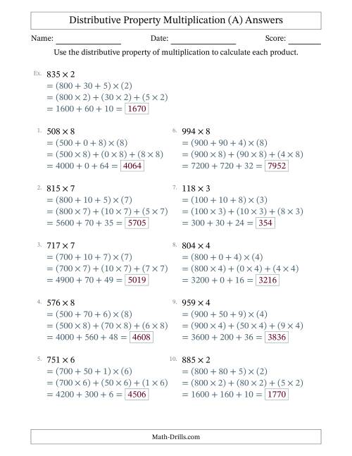 The Multiply 3-Digit by 1-Digit Numbers Using the Distributive Property (All) Math Worksheet Page 2