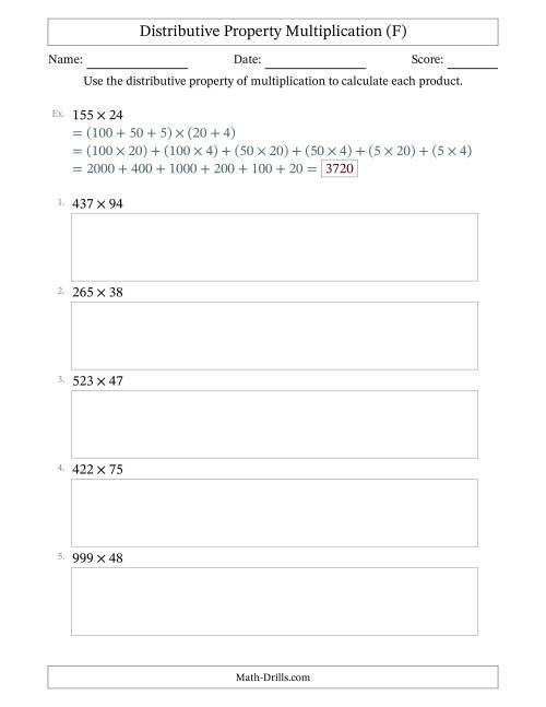 The Multiply 3-Digit by 2-Digit Numbers Using the Distributive Property (F) Math Worksheet