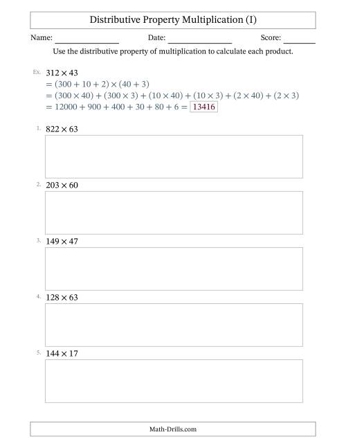 The Multiply 3-Digit by 2-Digit Numbers Using the Distributive Property (I) Math Worksheet