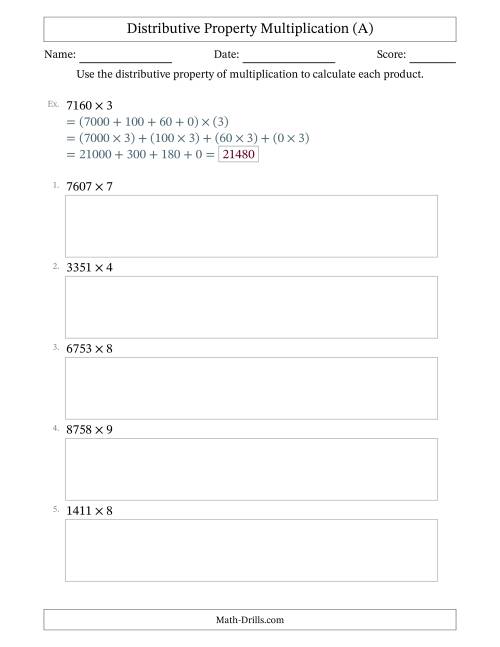 The Multiply 4-Digit by 1-Digit Numbers Using the Distributive Property (A) Math Worksheet