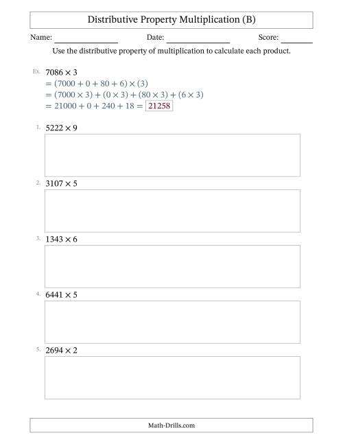 The Multiply 4-Digit by 1-Digit Numbers Using the Distributive Property (B) Math Worksheet