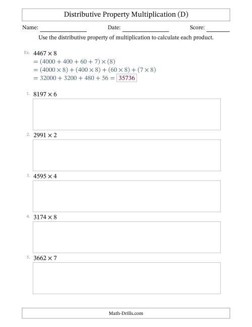 The Multiply 4-Digit by 1-Digit Numbers Using the Distributive Property (D) Math Worksheet