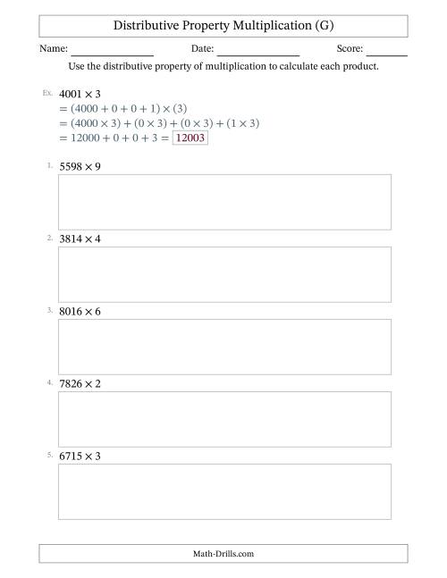 The Multiply 4-Digit by 1-Digit Numbers Using the Distributive Property (G) Math Worksheet