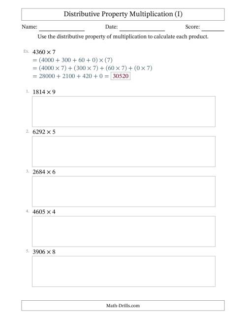 The Multiply 4-Digit by 1-Digit Numbers Using the Distributive Property (I) Math Worksheet