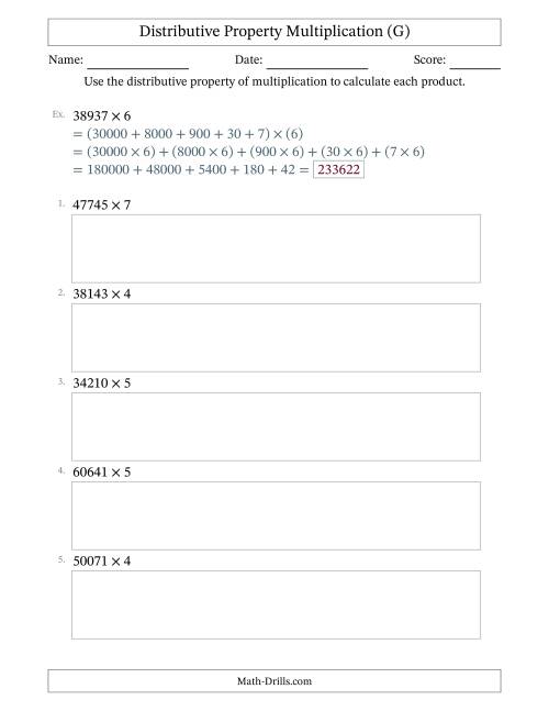 The Multiply 5-Digit by 1-Digit Numbers Using the Distributive Property (G) Math Worksheet