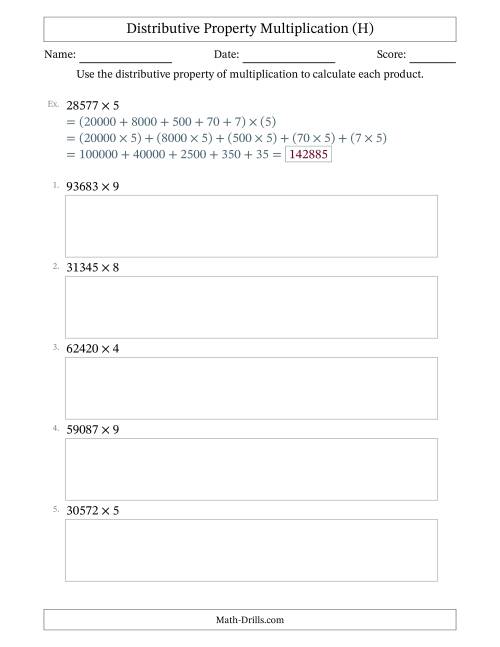 The Multiply 5-Digit by 1-Digit Numbers Using the Distributive Property (H) Math Worksheet