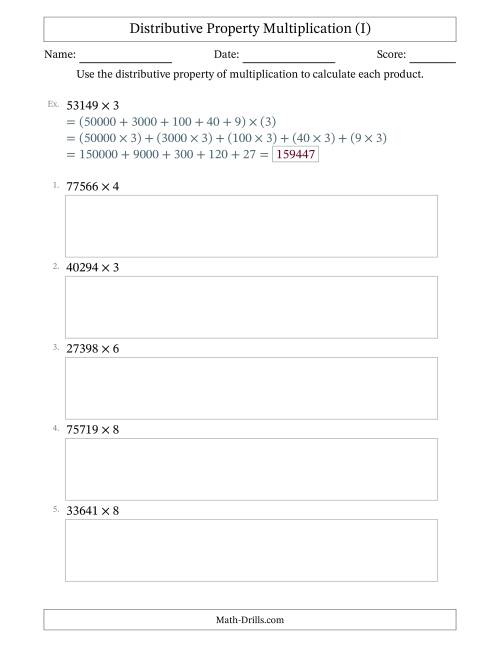 The Multiply 5-Digit by 1-Digit Numbers Using the Distributive Property (I) Math Worksheet