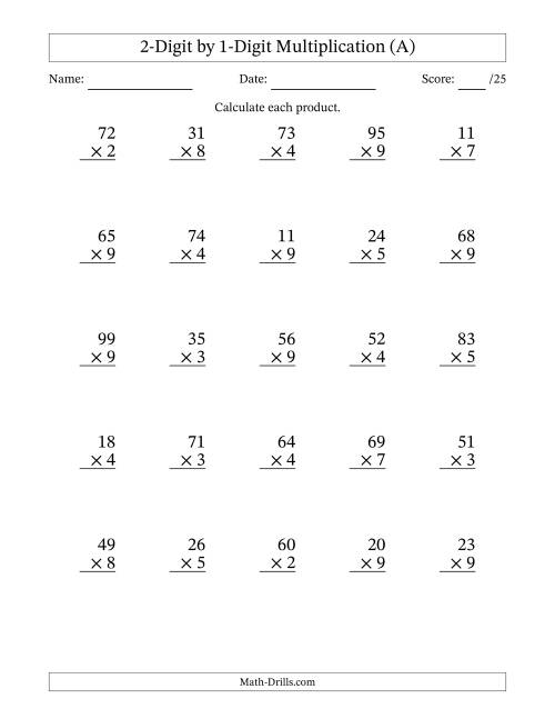 Multiplying 2-Digit by 1-Digit Numbers (A) Long Multiplication Worksheet