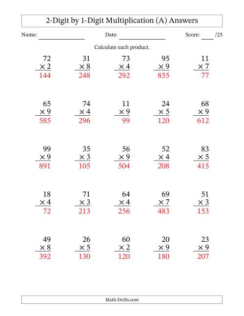 The Multiplying 2-Digit by 1-Digit Numbers (A) Math Worksheet Page 2