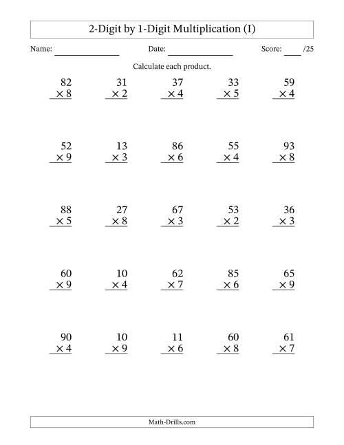 The Multiplying 2-Digit by 1-Digit Numbers (I) Math Worksheet