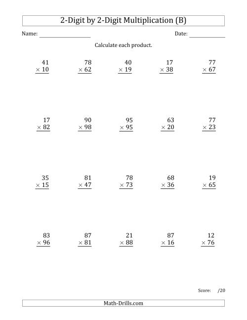 The Multiplying 2-Digit by 2-Digit Numbers with Comma-Separated Thousands (B) Math Worksheet