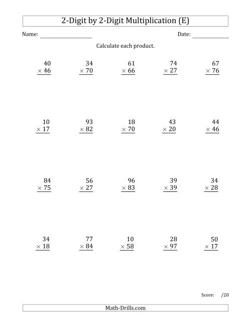 The Multiplying 2-Digit by 2-Digit Numbers with Comma-Separated Thousands (E) Math Worksheet