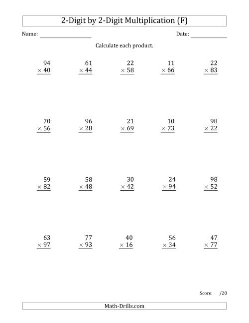 The Multiplying 2-Digit by 2-Digit Numbers with Comma-Separated Thousands (F) Math Worksheet
