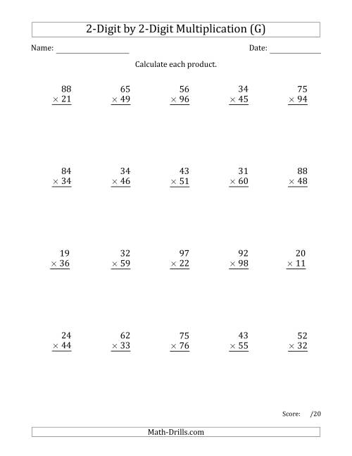 The Multiplying 2-Digit by 2-Digit Numbers with Comma-Separated Thousands (G) Math Worksheet