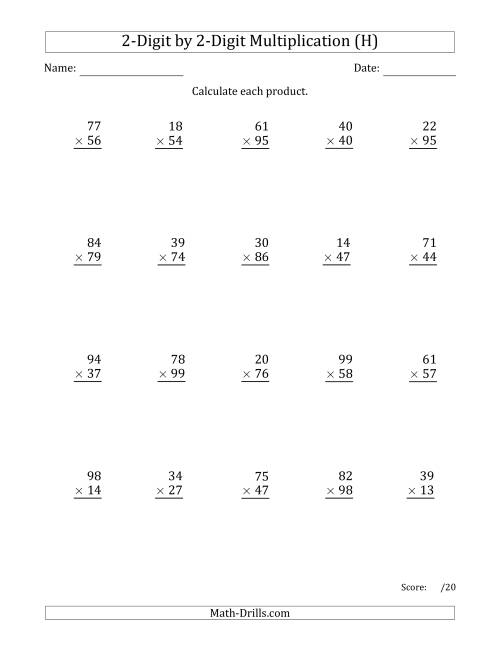 The Multiplying 2-Digit by 2-Digit Numbers with Comma-Separated Thousands (H) Math Worksheet