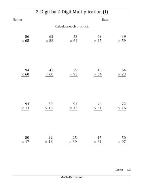 The Multiplying 2-Digit by 2-Digit Numbers with Comma-Separated Thousands (I) Math Worksheet
