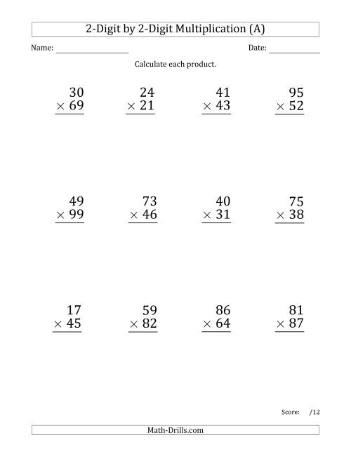 The Multiplying 2-Digit by 2-Digit Numbers (Large Print) with Comma-Separated Thousands (A) Math Worksheet