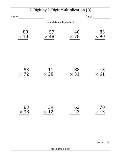 The Multiplying 2-Digit by 2-Digit Numbers (Large Print) with Comma-Separated Thousands (B) Math Worksheet