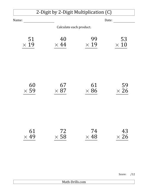 The Multiplying 2-Digit by 2-Digit Numbers (Large Print) with Comma-Separated Thousands (C) Math Worksheet