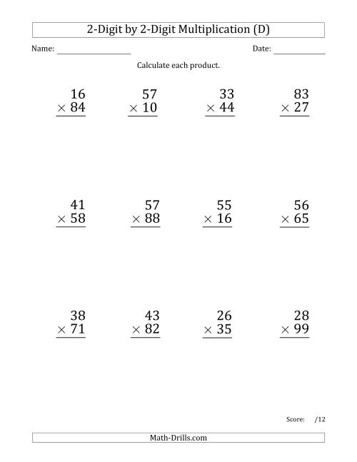 The Multiplying 2-Digit by 2-Digit Numbers (Large Print) with Comma-Separated Thousands (D) Math Worksheet