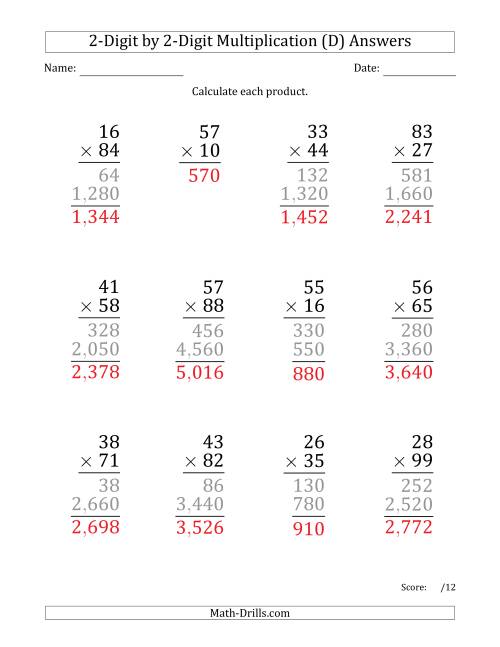 The Multiplying 2-Digit by 2-Digit Numbers (Large Print) with Comma-Separated Thousands (D) Math Worksheet Page 2