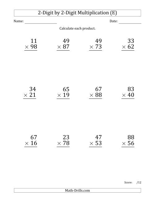 The Multiplying 2-Digit by 2-Digit Numbers (Large Print) with Comma-Separated Thousands (E) Math Worksheet