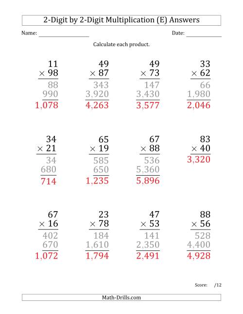 The Multiplying 2-Digit by 2-Digit Numbers (Large Print) with Comma-Separated Thousands (E) Math Worksheet Page 2