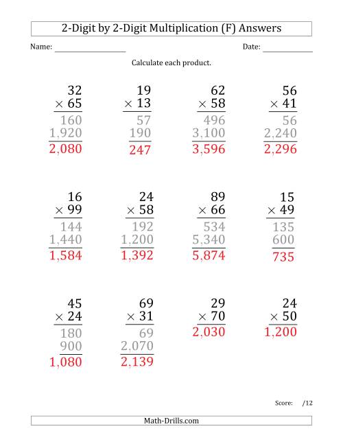 The Multiplying 2-Digit by 2-Digit Numbers (Large Print) with Comma-Separated Thousands (F) Math Worksheet Page 2