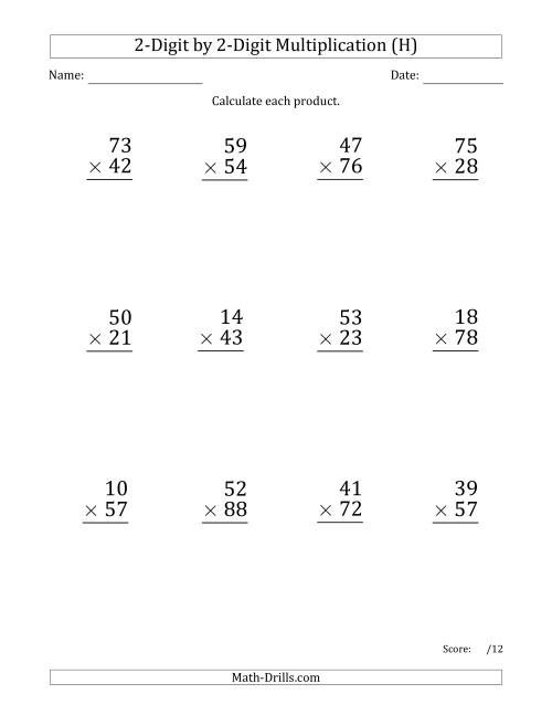 The Multiplying 2-Digit by 2-Digit Numbers (Large Print) with Comma-Separated Thousands (H) Math Worksheet