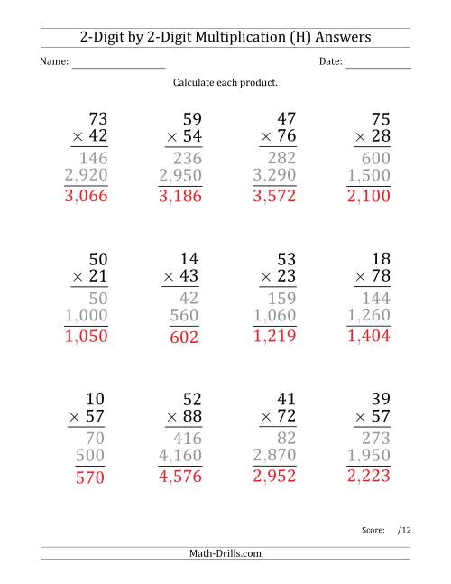 The Multiplying 2-Digit by 2-Digit Numbers (Large Print) with Comma-Separated Thousands (H) Math Worksheet Page 2